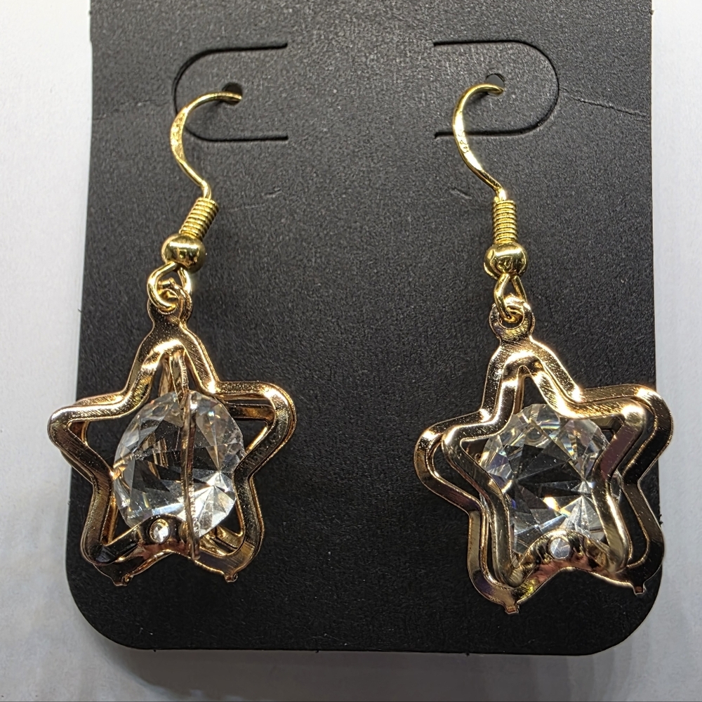 Clear Rhinestone in Gold Star‎ Cage Earrings Handmade Hypoallergenic